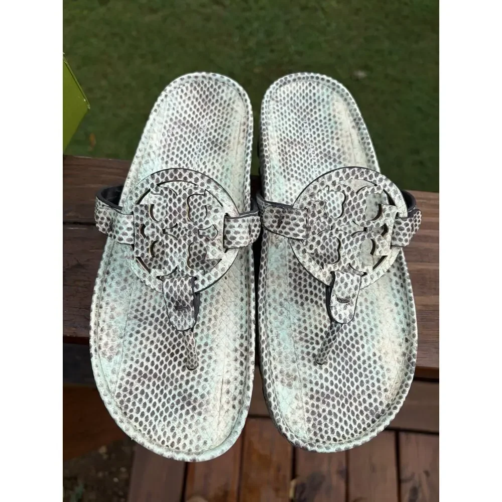 Tory Burch Miller Cloud Lug Sandals Snake Print Leather Thong Slides US 7